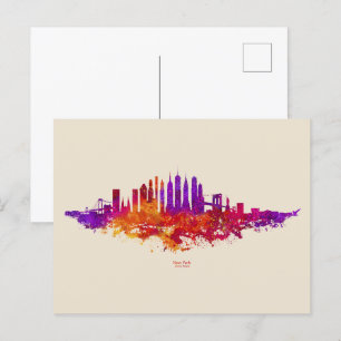 New York City Skyline Watercolor on White Postcard