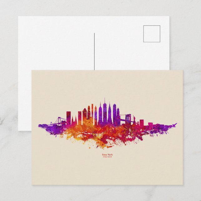 New York City Skyline Watercolor on White Postcard (Front/Back)