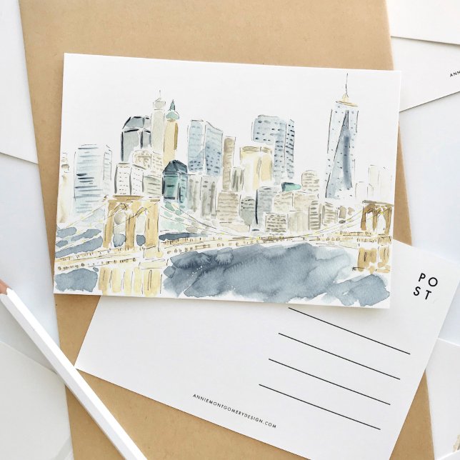 New York City Skyline Watercolor Travel Postcard (Watercolor New York City skyline postcard featuring the Brooklyn Bridge.)