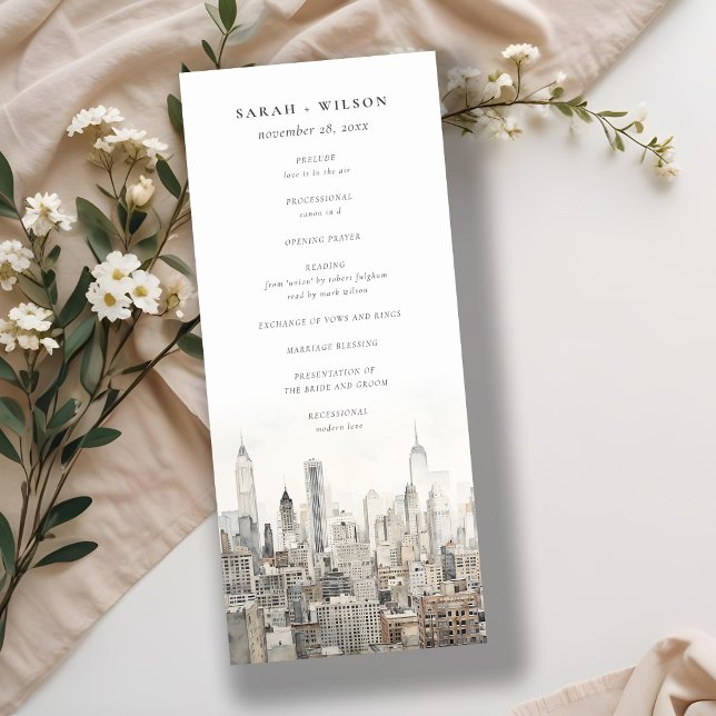 New York City Skyline Watercolor Wedding Program Invitation (Creator Uploaded)