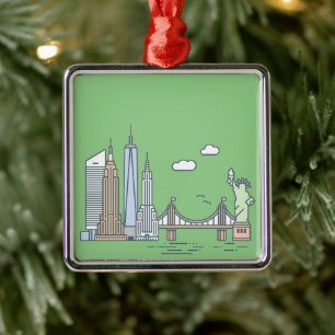 New York City Skyline Whimsical Illustration Metal Tree Decoration