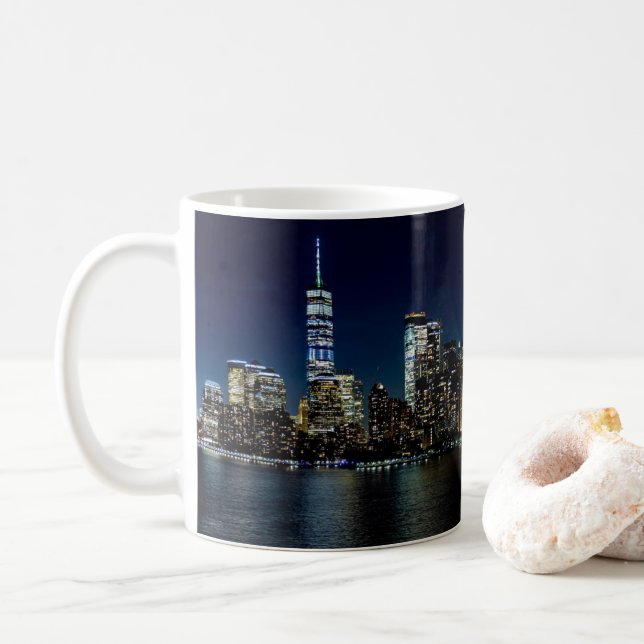 New York City Skyscraper Towers Night USA America  Coffee Mug (With Donut)