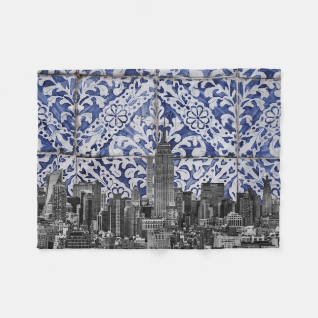 New York City Skyscrapers Meet Portuguese Tiles Fleece Blanket (Front (Horizontal))