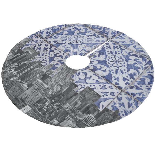 New York City Skyscrapers Meet Portuguese Tiles Fleece Tree Skirt (Angled)