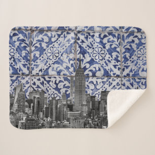 New York City Skyscrapers Meet Portuguese Tiles Sherpa Blanket