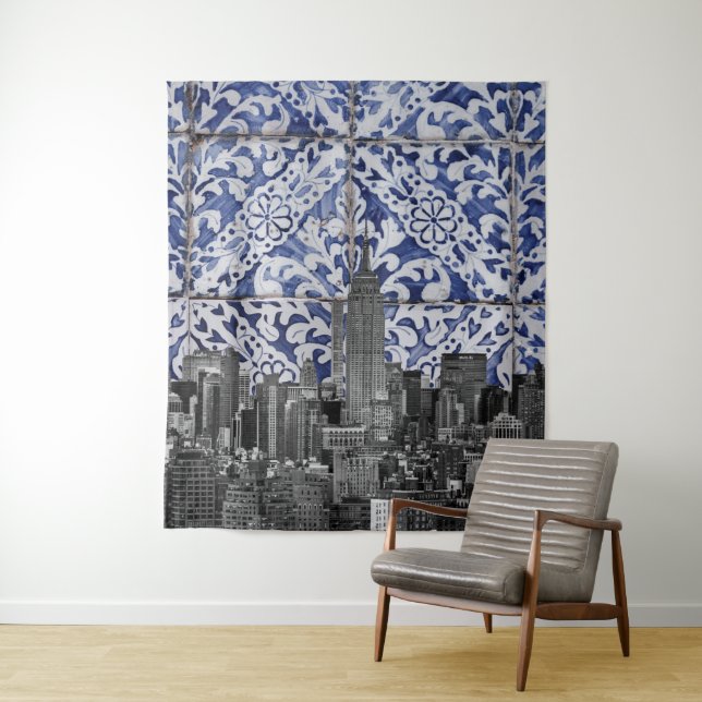 New York City Skyscrapers Meet Portuguese Tiles Tapestry (In Situ)