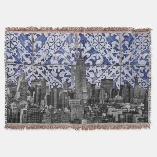 New York City Skyscrapers Meet Portuguese Tiles Throw Blanket