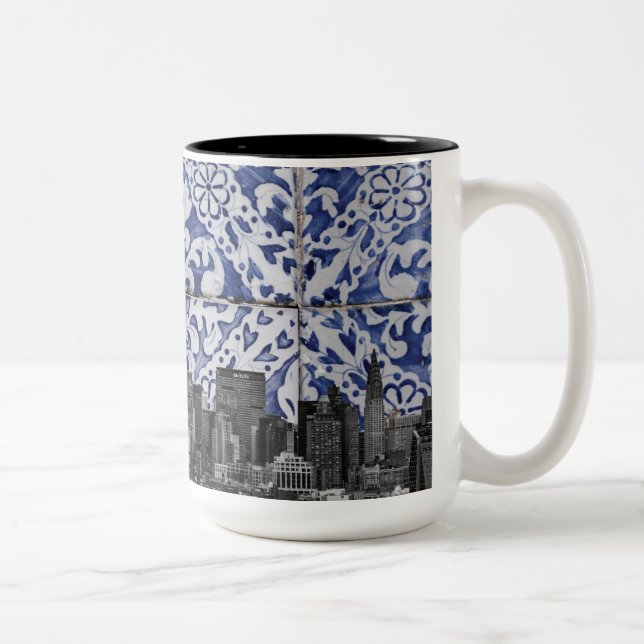 New York City Skyscrapers Meet Portuguese Tiles Two-Tone Coffee Mug (Right)