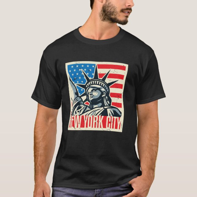 New York City Statue Liberty Distressed USA Flag W T-Shirt (Front)