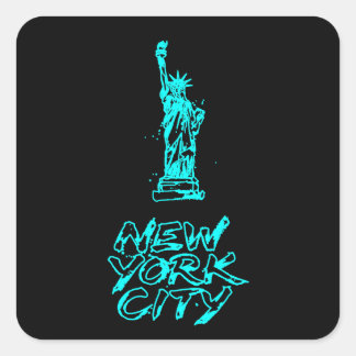 New York City Statue of Liberty Neon Cyan Brush Square Sticker