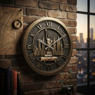New York City Statue of Liberty NYC Yellow Taxi Large Clock