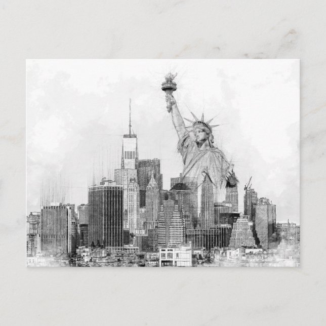 New York City Statue of Liberty Sketch Holiday Postcard (Front)