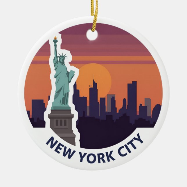 New York City Statue of Liberty Skyline Ceramic Tree Decoration (Front)
