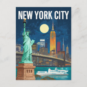 New York City Statue of Liberty & Skyline Retro Postcard