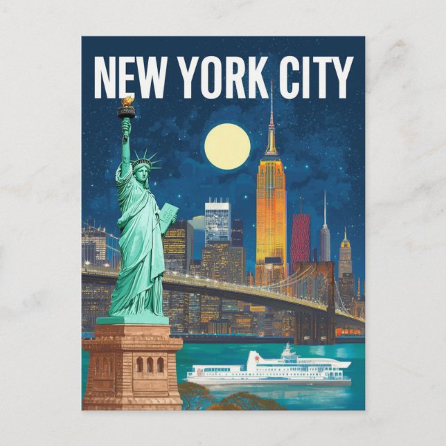 New York City Statue of Liberty & Skyline Retro Postcard (Front)