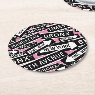 New York City Street Sign Pattern on Pink Round Paper Coaster