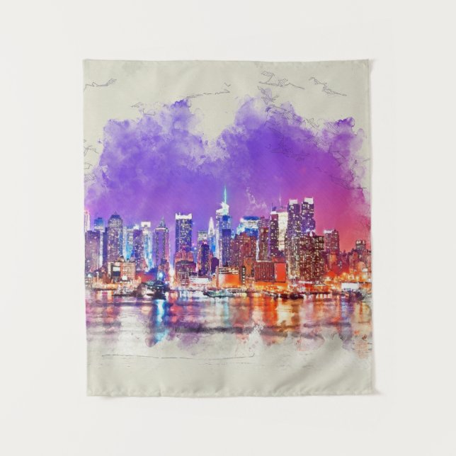 New York City Sunset - mixed media Tapestry (Front)