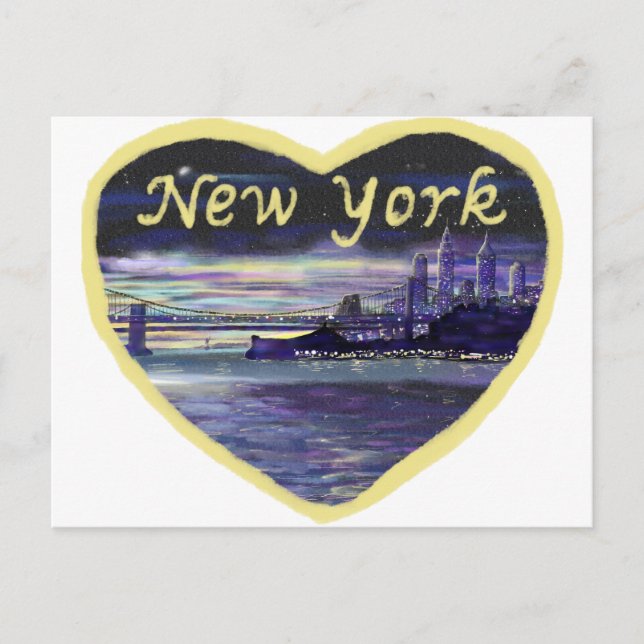 New York City Sunset Purple Cityscape Painting Postcard (Front)