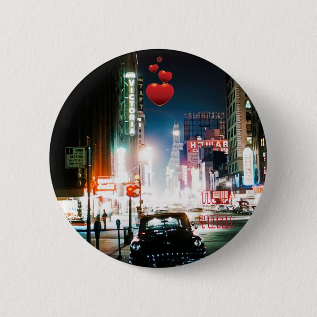 NEW YORK CITY TIMES SQUARE 1950'S NEON NIGHT PHOTO 6 CM ROUND BADGE (Front)