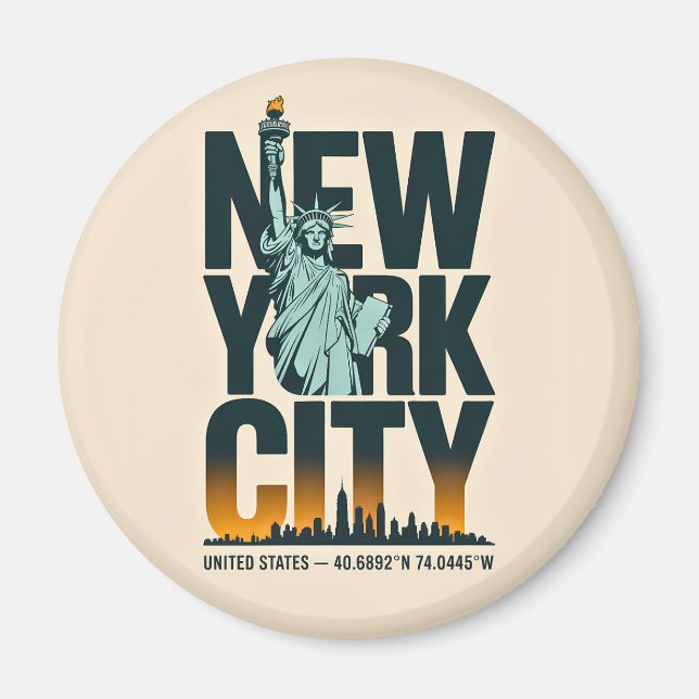 New York City Typography Statue of Liberty Skyline Magnet (Front)