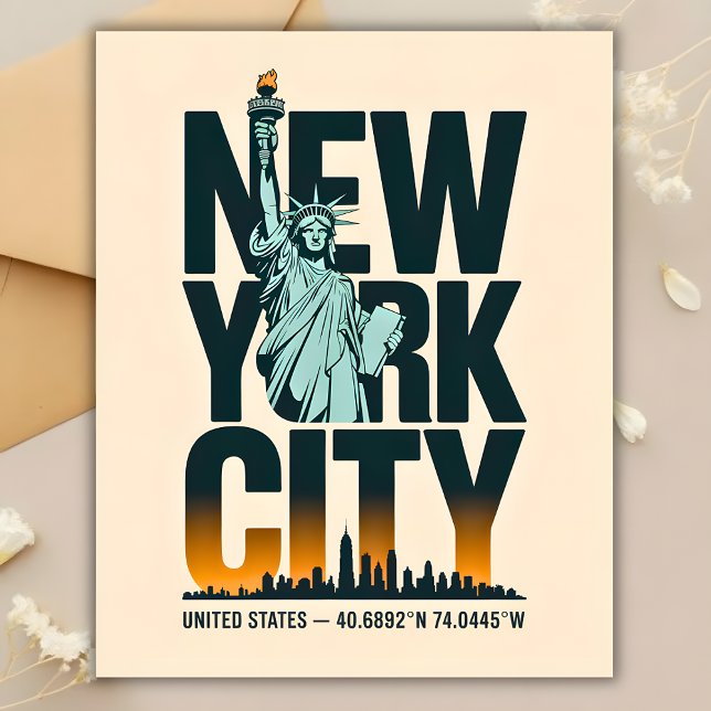 New York City Typography Statue of Liberty Skyline Postcard (New York City Typography Statue of Liberty Skyline Postcard)