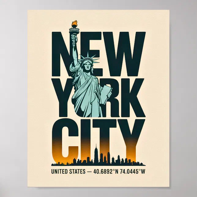 New York City Typography Statue of Liberty Skyline Poster | Zazzle