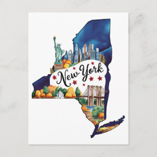 New York City USA State Shaped Vintage Watercolor Postcard