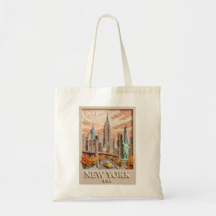 New York City Vintage 3D Textured Skyline Painting Tote Bag