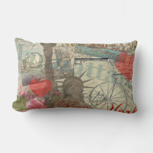 New York City Vintage Liberty Skyline Symbol Art Lumbar Cushion
