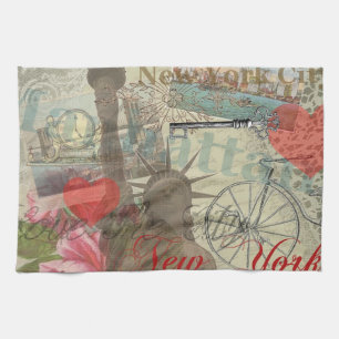New York City Vintage Liberty Skyline Symbol Art Tea Towel