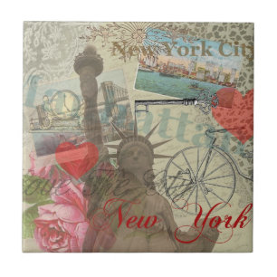 New York City Vintage Liberty Skyline Symbol Art Tile