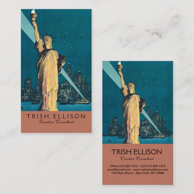 New York City Vintage Travel Liberty Skyline Business Card (Front/Back)