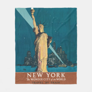 New York City Vintage Travel Liberty Skyline Fleece Blanket