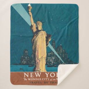New York City Vintage Travel Liberty Skyline Sherpa Blanket