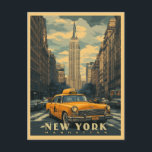New York City Vintage Travel Postcard<br><div class="desc">Step back in time with this nostalgic travel poster featuring a classic yellow cab in front of the iconic Empire State Building. The Art Deco design and warm colour palette capture the timeless charm of New York City.</div>