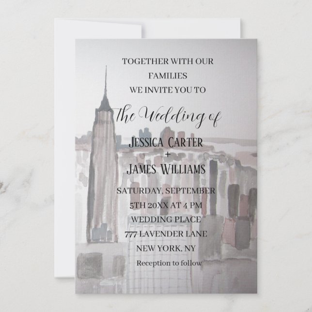 New York City Watercolor Destination Chic Wedding Invitation (Front)