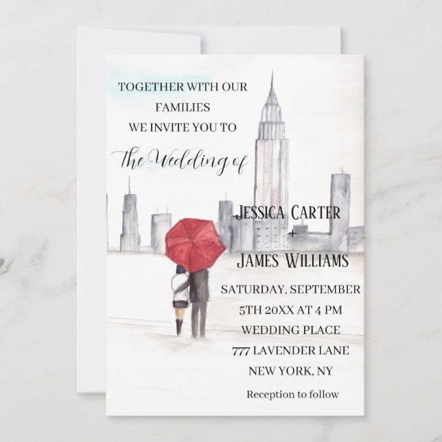 New York City Watercolor Destination Chic Wedding Invitation (Front)