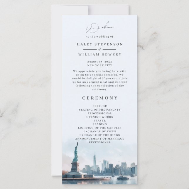 New York City Watercolor Skyline Wedding Program (Front)