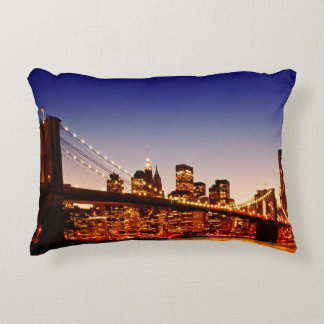 New York cityscape with bridge over river Decorative Cushion