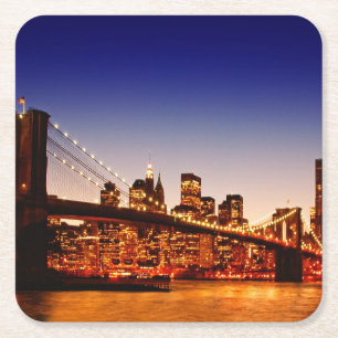 New York cityscape with bridge over river Square Paper Coaster