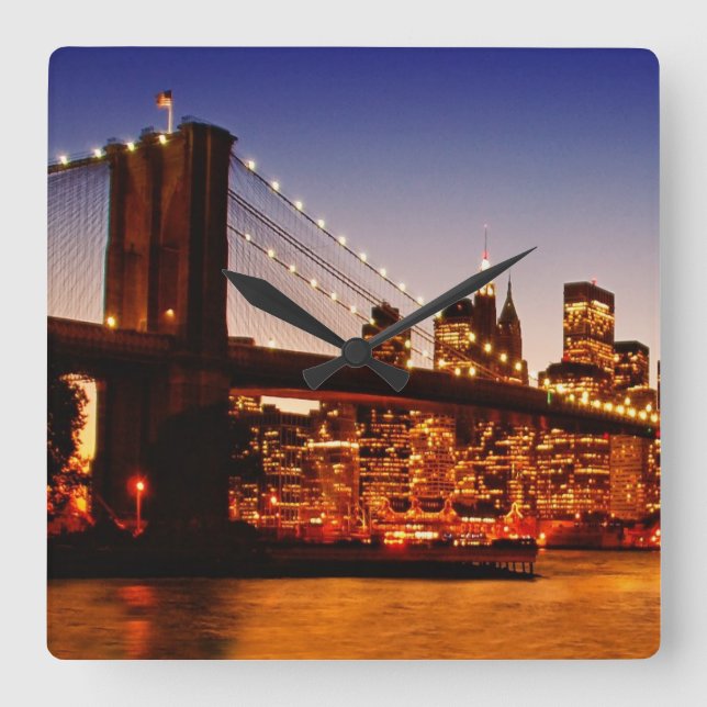 New York cityscape with bridge over river Square Wall Clock (Front)
