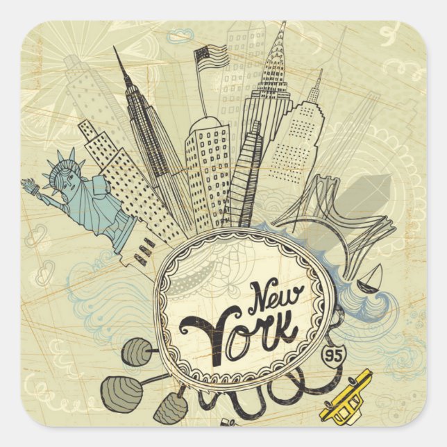 New York Doodle Poster Square Sticker (Front)