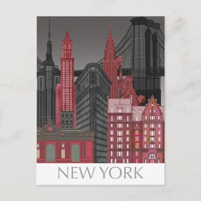 New York Elevations by Night - Red Postcard (Front)