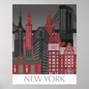New York Elevations by Night - Red Poster