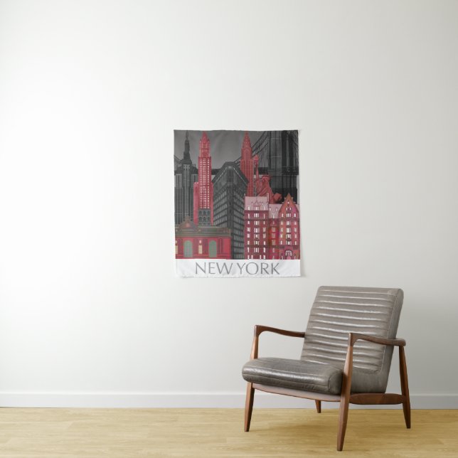 New York Elevations by Night - Red Tapestry (In Situ)