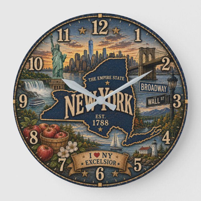New York Empire State Landmark Coastal Rustic  Large Clock (Front)