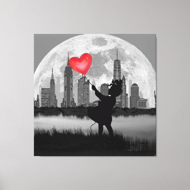 NEW YORK Full Moon Girl Heart Balloon Canvas Print (Front)
