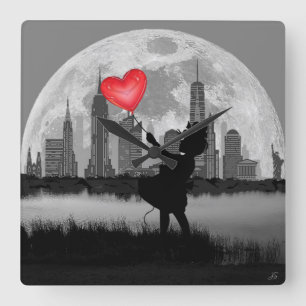 NEW YORK Full Moon Girl Heart Balloon Wall Clock
