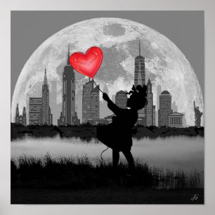NEW YORK Full Moon Girl Heart Balloon Wall Poster