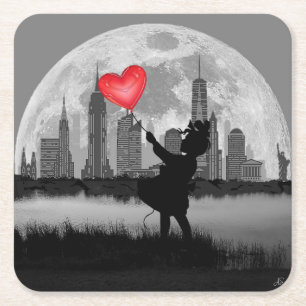 NEW YORK Full Moon Girl Heart Baloon Paper Coaster